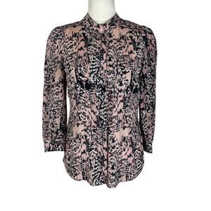 See by Chloe Button Down Silk Blouse 3/4 Sleeve Roped Shoulder Collarless Size 2